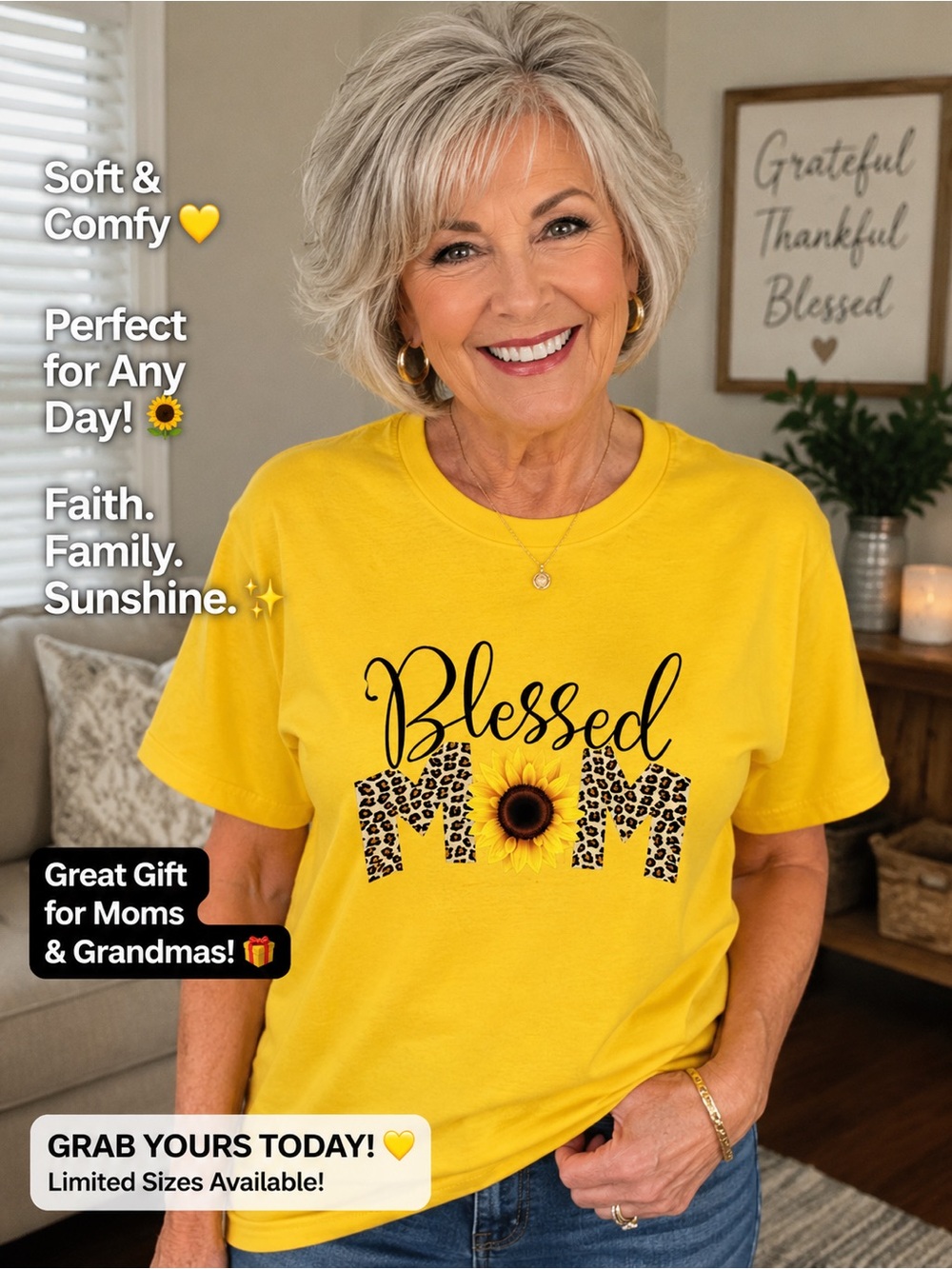 Gildan Yellow "Blessed Mom" Short Sleeve Tee
